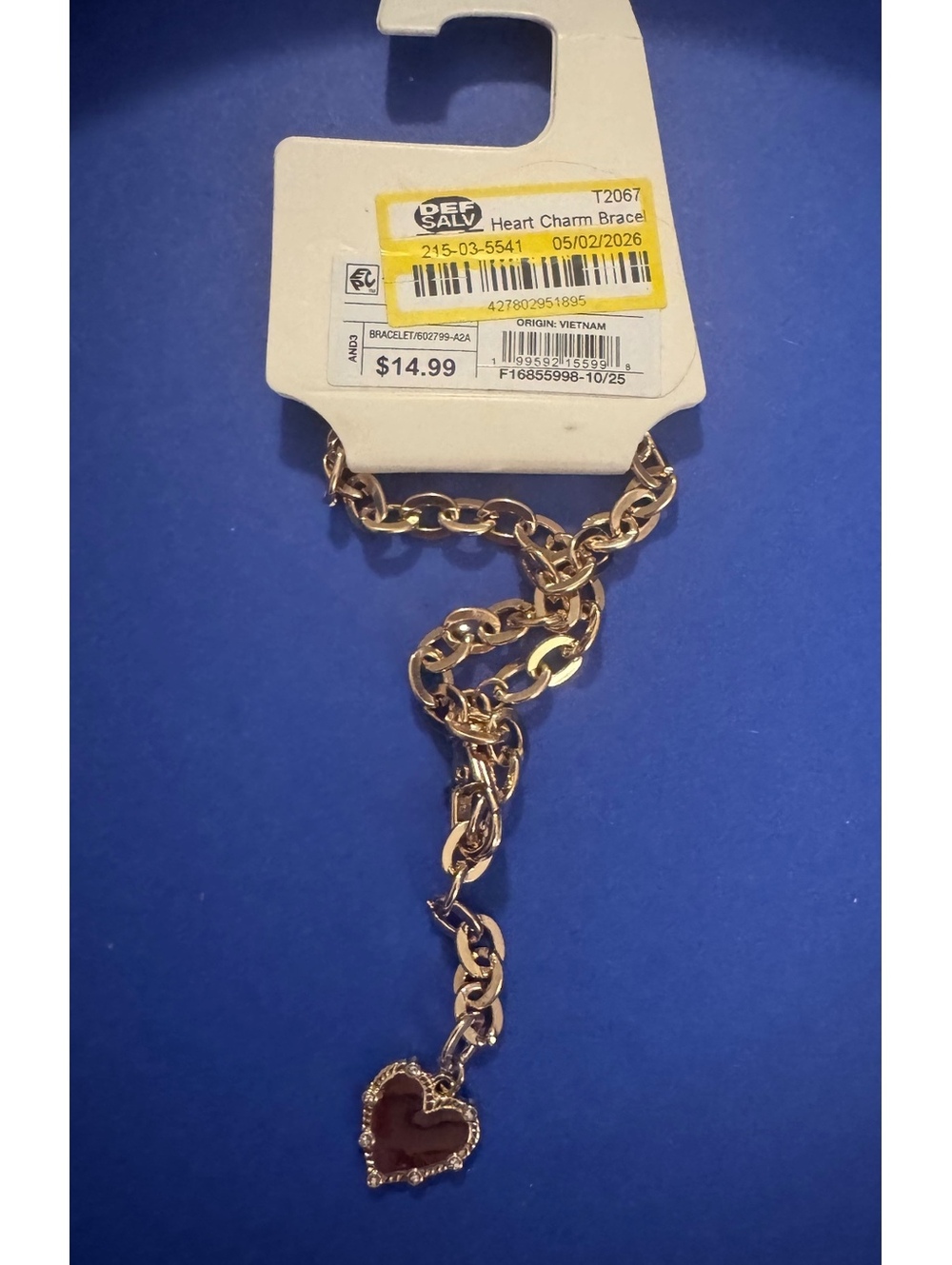 Gold-Tone Heart Charm Bracelet with Rhinestone Accents, New with Tags